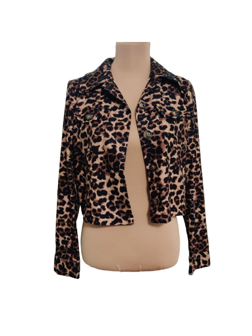 SHEIN Trucker Jacket Size S 4 Leopard Animal Print Cropped Button Front Mcbling - Picture 2 of 12
